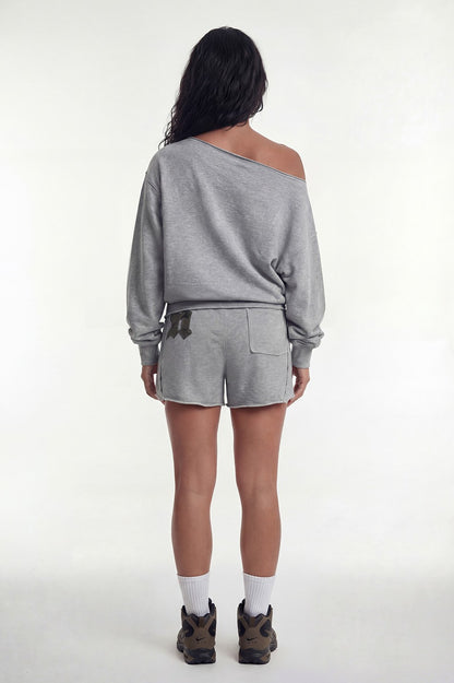 HDEX Baju Korea Olahraga Camo Off-Shoulder Sweatshirt Melange Gray Wanita Fitness