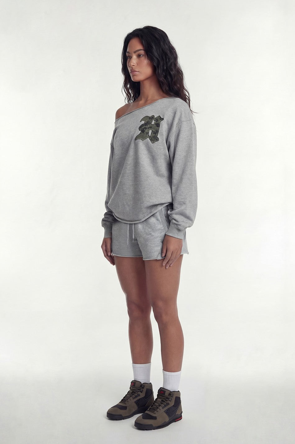 HDEX Baju Korea Olahraga Camo Off-Shoulder Sweatshirt Melange Gray Wanita Fitness