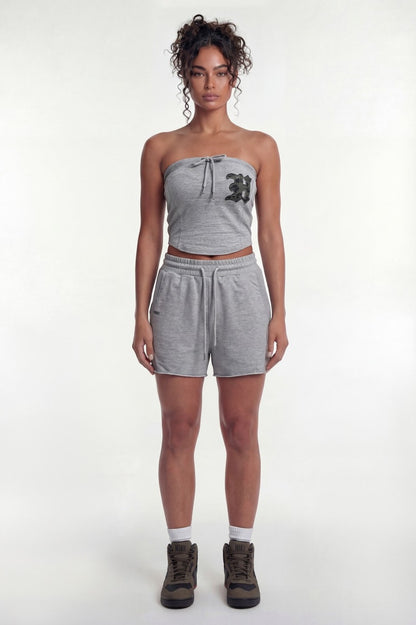 HDEX Celana Korea Olahraga Camo Cut-Off Sweat Shorts W Melange Gray Wanita Fitness