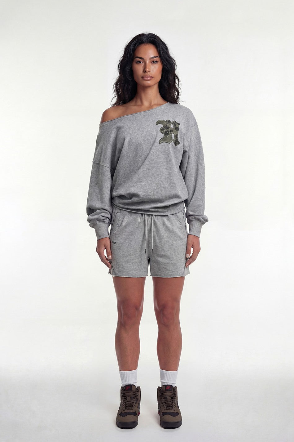 HDEX Baju Korea Olahraga Camo Off-Shoulder Sweatshirt Melange Gray Wanita Fitness