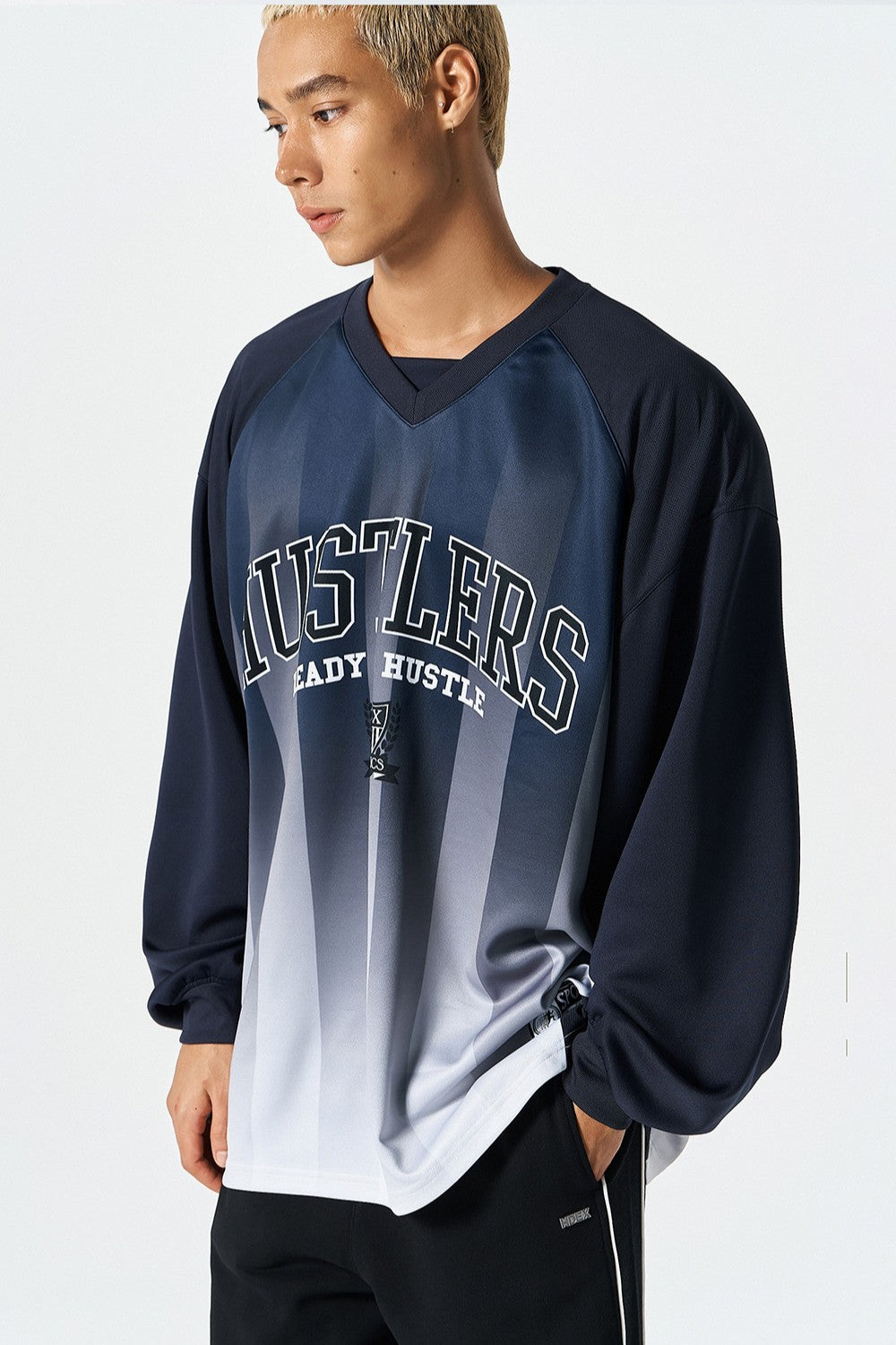 HDEX Baju Korea Olahraga Stripe Jersey Long Sleeve Navy Pria Fitness