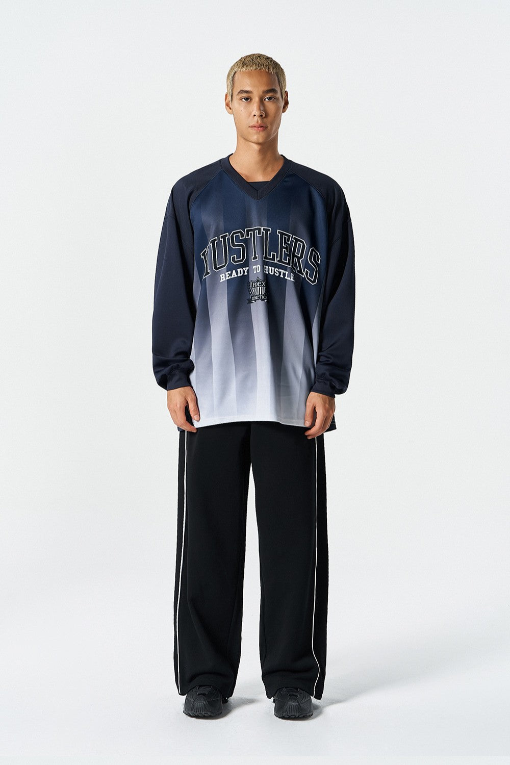 HDEX Baju Korea Olahraga Stripe Jersey Long Sleeve Navy Pria Fitness