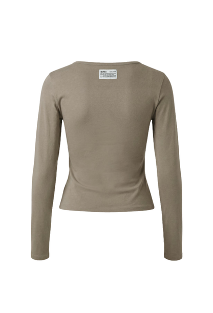 HDEX Baju Korea Olahraga Move Cotton Henley Neck Long Sleeve W Sand Beige Wanita Fitness