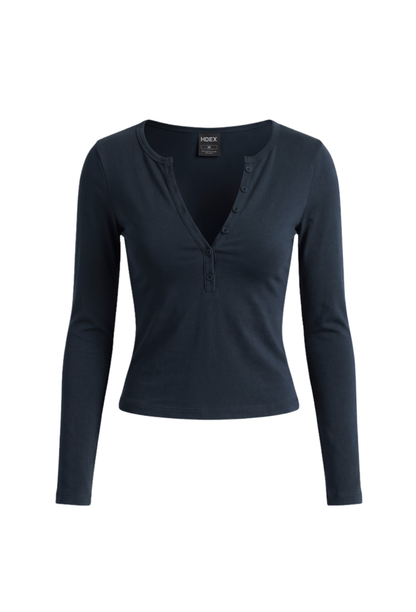 HDEX Baju Korea Olahraga Move Cotton Henley Neck Long Sleeve W Storm Navy Wanita Fitness