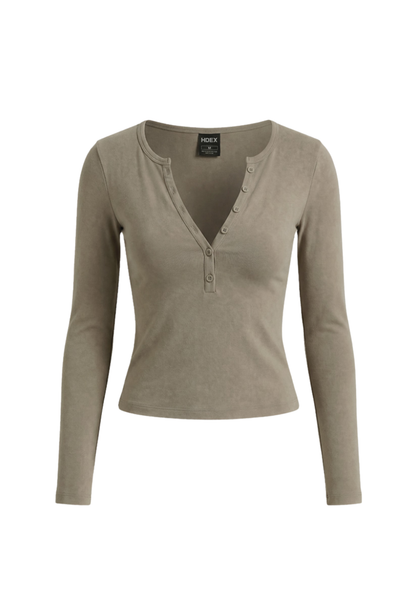 HDEX Baju Korea Olahraga Move Cotton Henley Neck Long Sleeve W Sand Beige Wanita Fitness