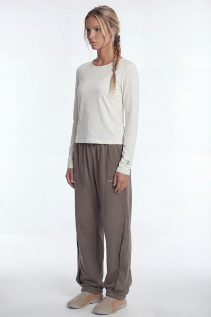 HDEX Baju Korea Olahraga Essential Modal 2 Label Long Sleeve Ash Cream Wanita Fitness