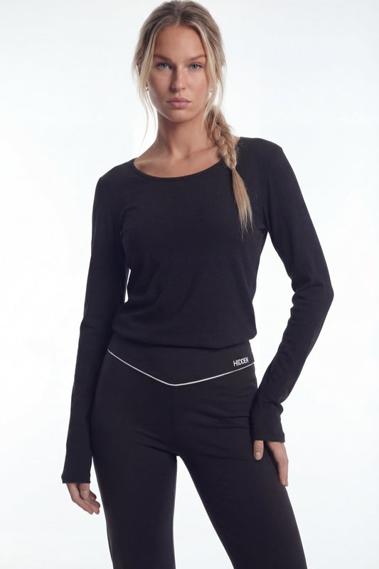 HDEX Baju Korea Olahraga Essential Modal 2 Label Long Sleeve Black Wanita Fitness