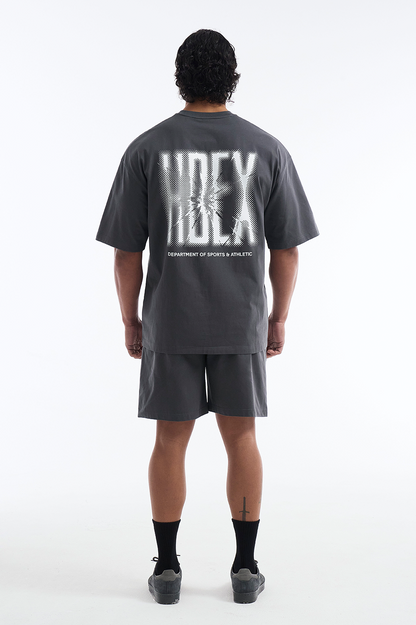 HDEX Baju Korea Olahraga Crack Printed Short Sleeve Charcoal Pria Fitness