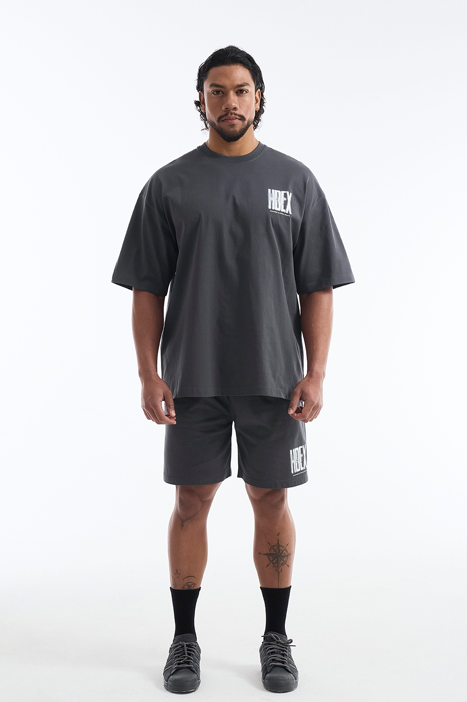 HDEX Baju Korea Olahraga Crack Printed Short Sleeve Charcoal Pria Fitness