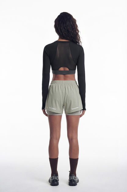 HDEX Baju Korea Olahraga Assist Mesh Layer Back Crop Top Black Wanita Fitness