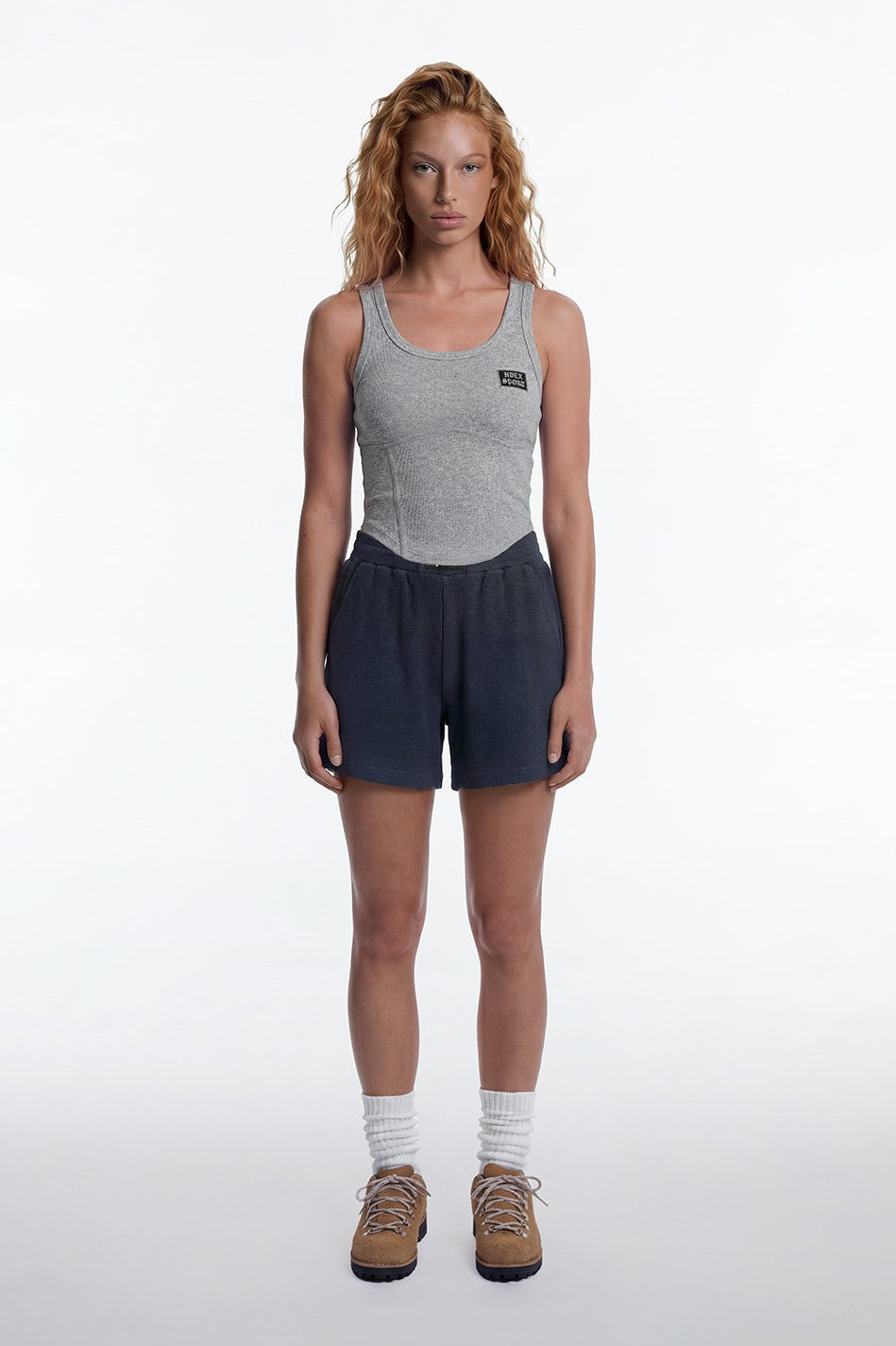 HDEX Baju Korea Olahraga Womens Round Cover Stitch Tank Top Melange Gray Wanita Fitness