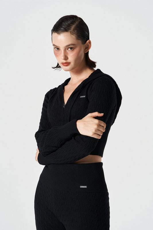 HDEX Baju Korea Olahraga Womens Cable Knit Crop Hoodie Zip-Up Black Wanita Fitness