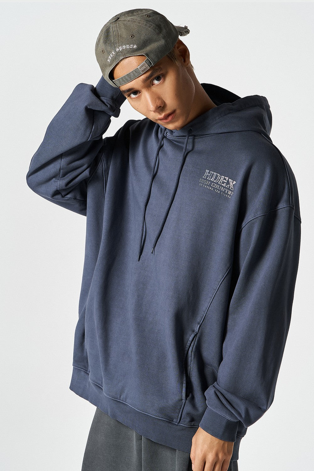 HDEX Baju Korea Olahraga Core Small Logo Pigment Hoodie Navy Jaket Pria Fitness